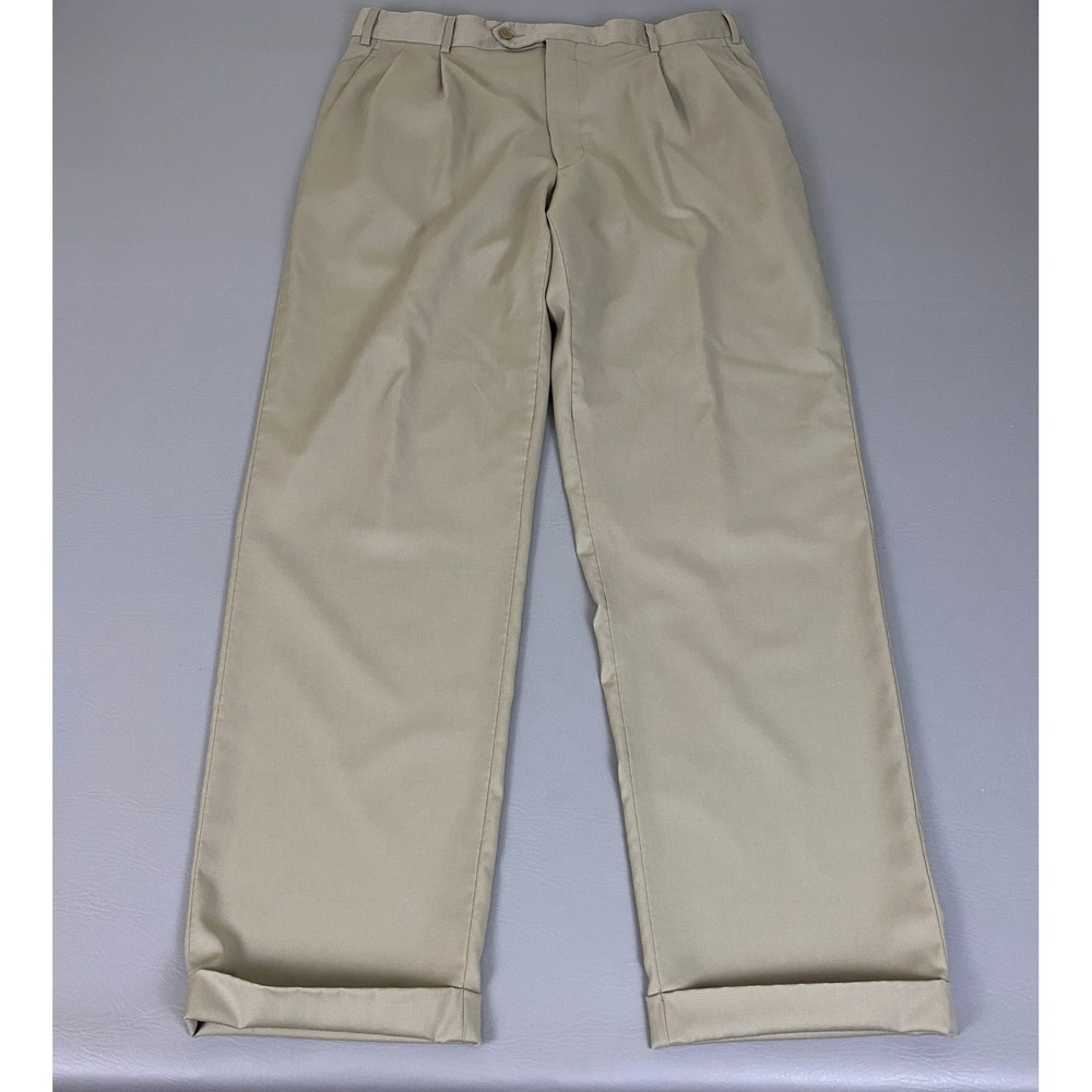 Kirkland Signature Pants Mens 36x32 Khaki Pleated Chino Made in Italy Tan Cuffed